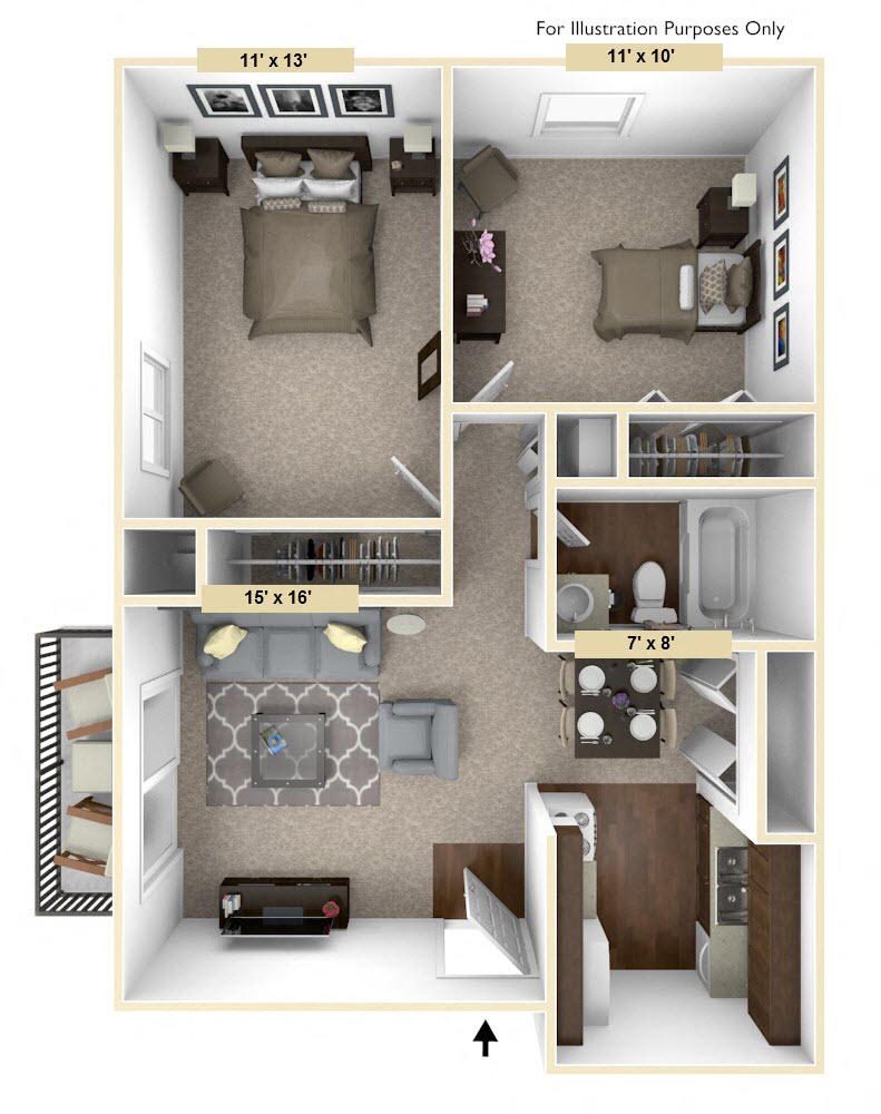 Floor plan for 2 beds, 1 bath, 700 sqft